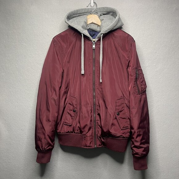 Express Women's Burgundy Bomber Jacket With Gray Hood Lined S/P - Picture 1 of 8